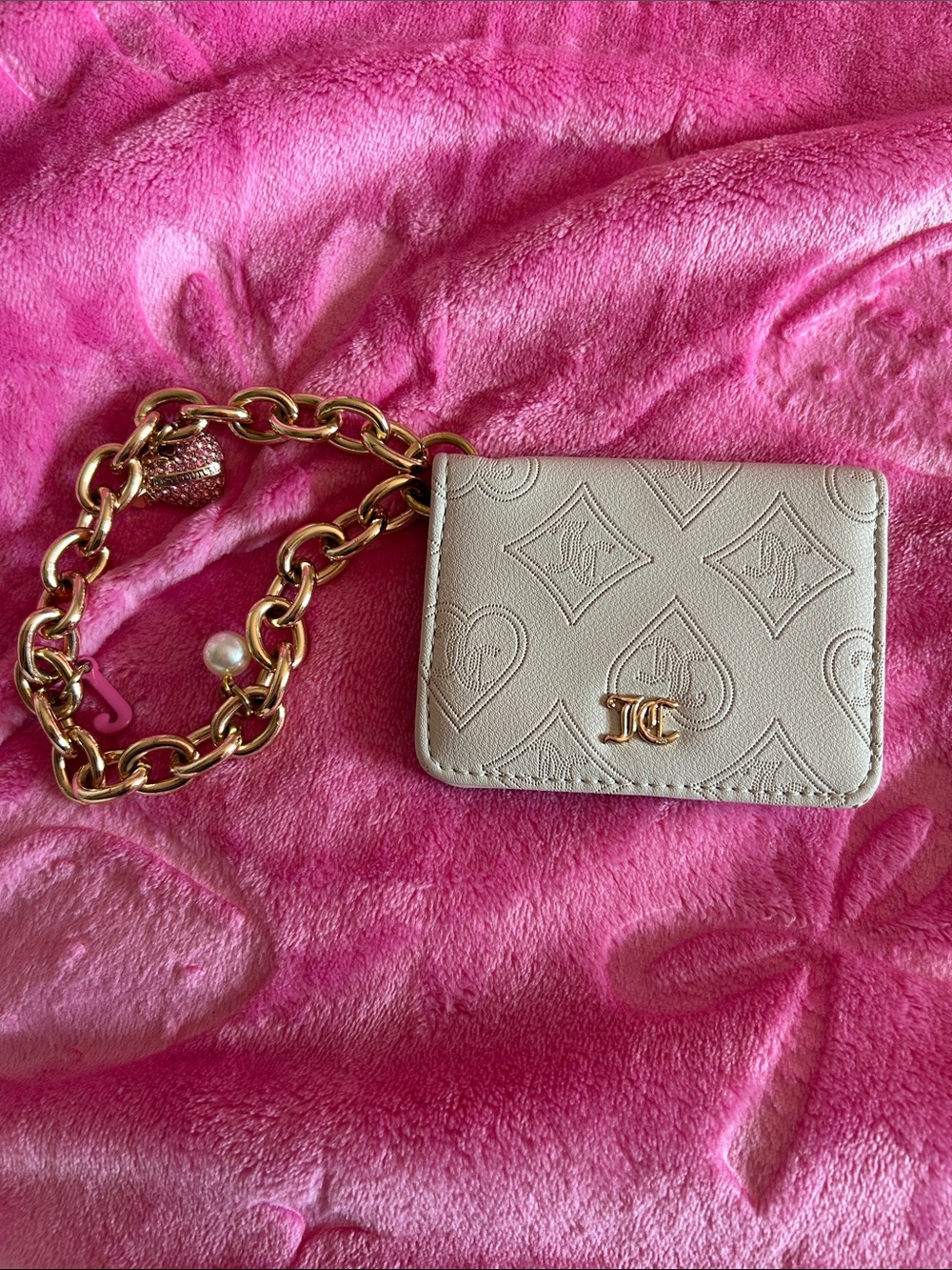 Cream Embossed Leather Card Holder with Gold Chain
